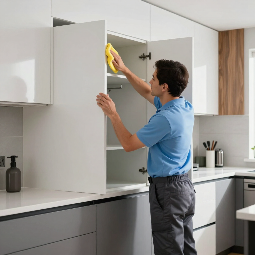 Person wiping a kitchen cabinet with a yellow cloth in a modern kitchen