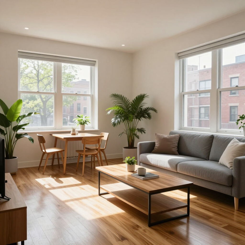 Sunlit modern living room with gray sofa, wooden coffee table, dining nook, and large windows