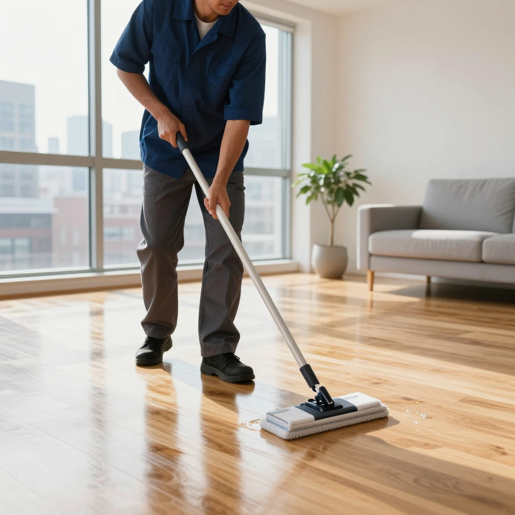 Person mopping a shiny wooden floor in a bright living room with a sofa and plant
