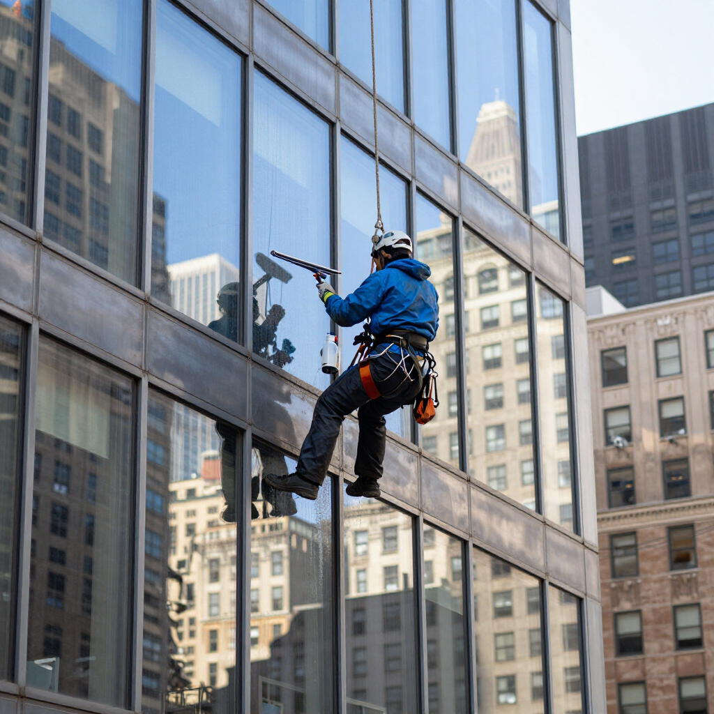 Window washer on a city skyscraper, suspended by ropes beside reflective glass windows.