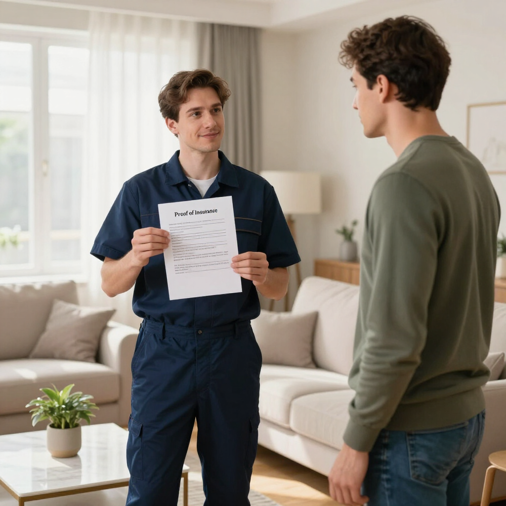 Two men in a living room, one holding a document and talking to the other.