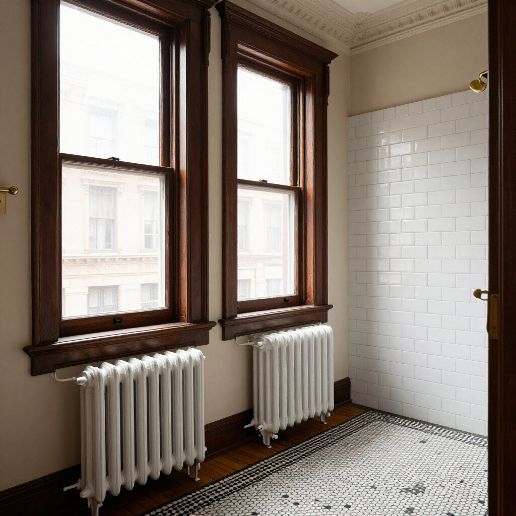 Empty room with two windows, white radiators, white subway-tile wall, and patterned floor rug