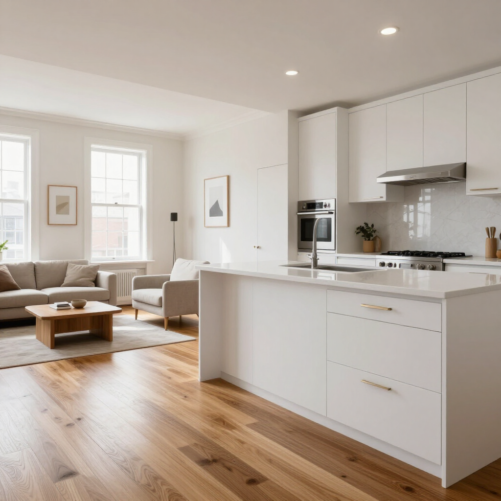 Bright modern open-plan kitchen and living room with white cabinets, wood floors, and a gray sofa
