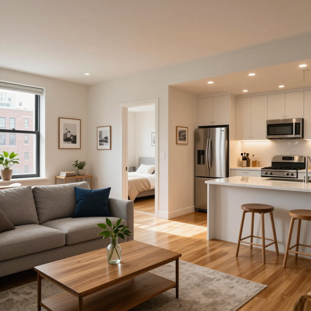 Bright open-plan apartment with gray sofa, wooden coffee table, and white kitchen with stainless appliances