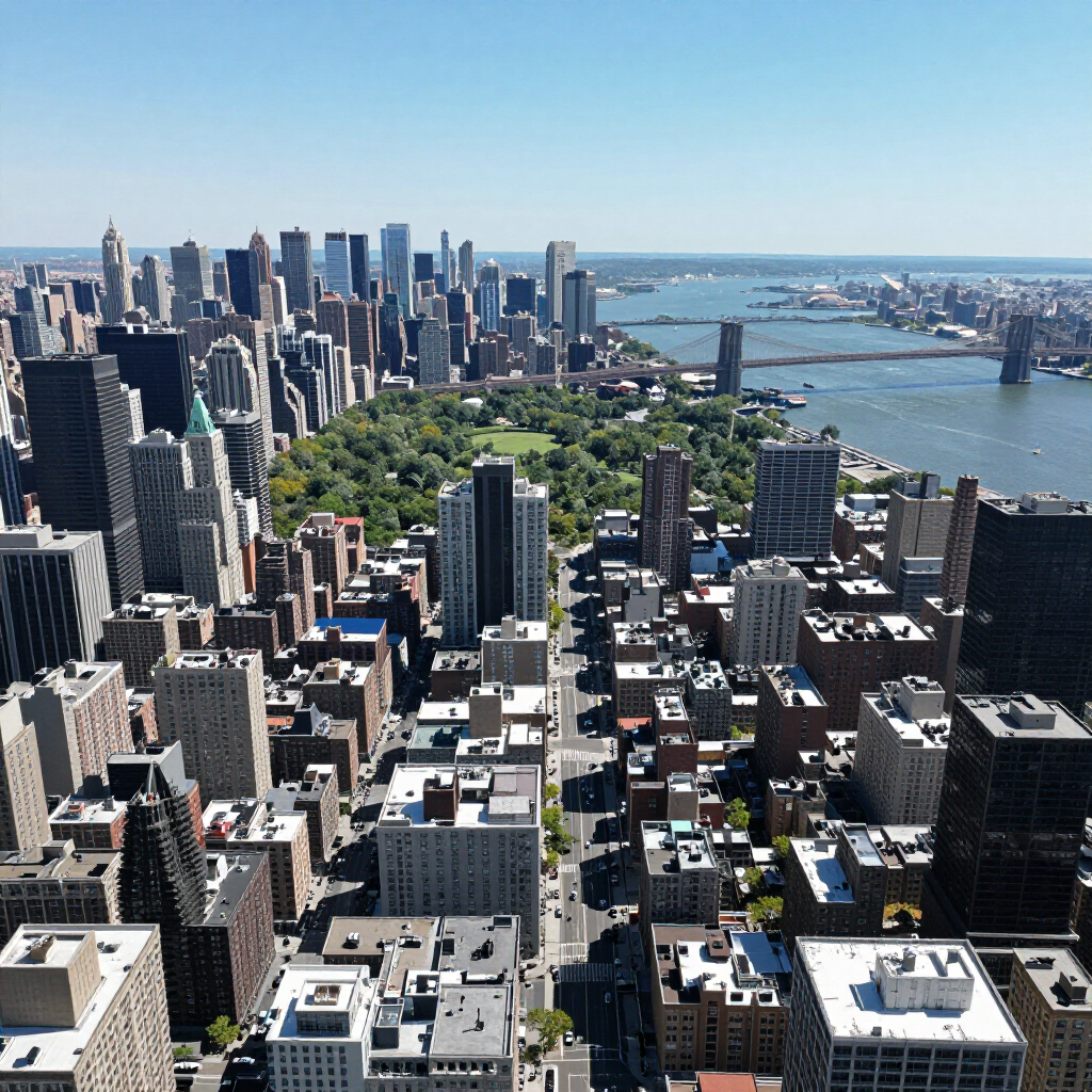 Aerial view of Manhattan skyline with Central Park and the East River on a clear day