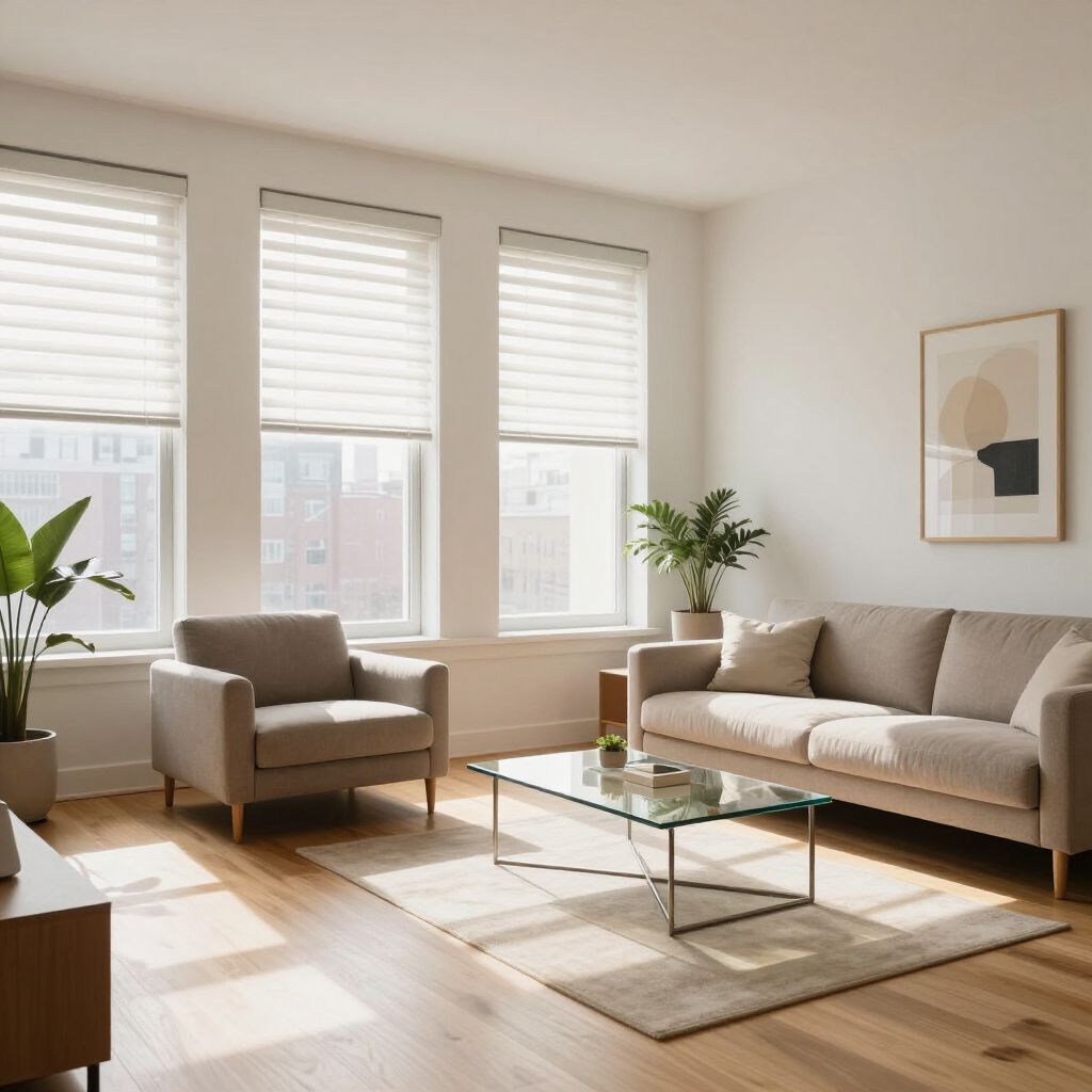 Bright modern living room with beige sofa, armchair, coffee table, plants, and large sunlit windows