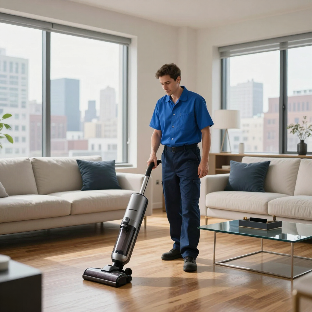 Person vacuuming a bright living room with large windows and city view