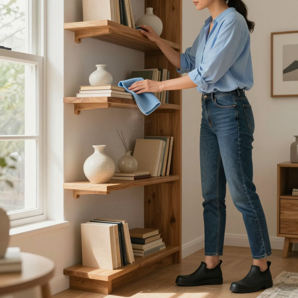 Person dusting wooden shelves with a blue cloth beside a window in a bright room