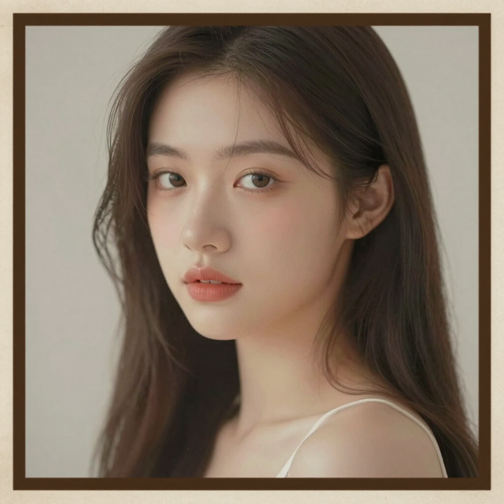 Portrait of a young woman with long dark hair, neutral expression, in a soft beige studio setting