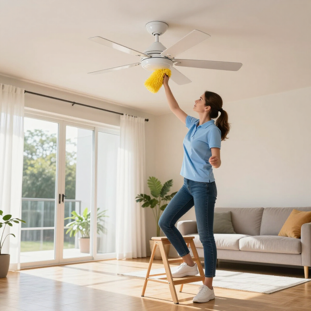 Woman dusts a ceiling fan while standing on a step stool in a bright living room.