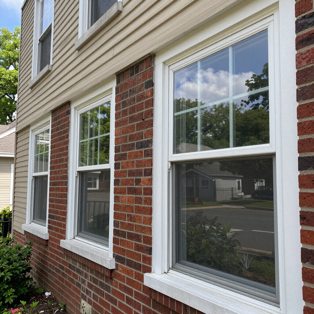 Brick house exterior with three white-trimmed windows and beige siding above