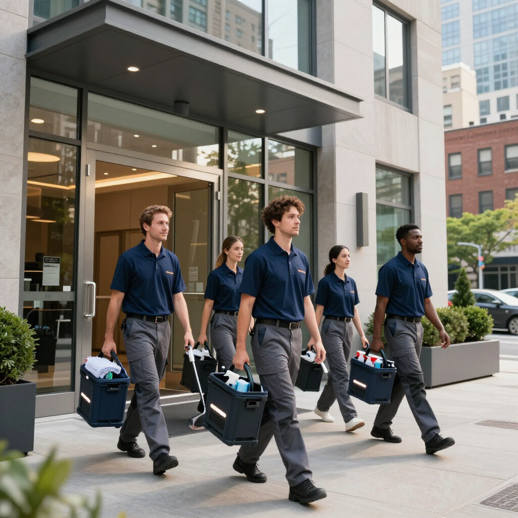Four workers in navy uniforms carry tool cases outside a city building.