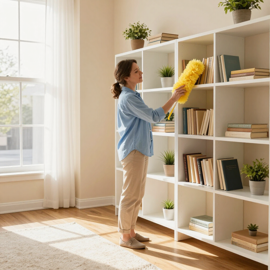 Person dusting a white bookshelf in a sunlit room with wooden floors and potted plants.