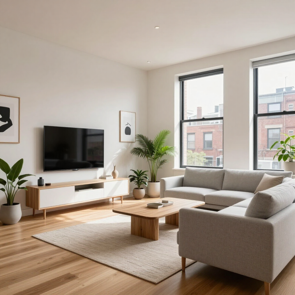 Bright modern living room with gray sofa, wood coffee table, TV, plants, and large windows