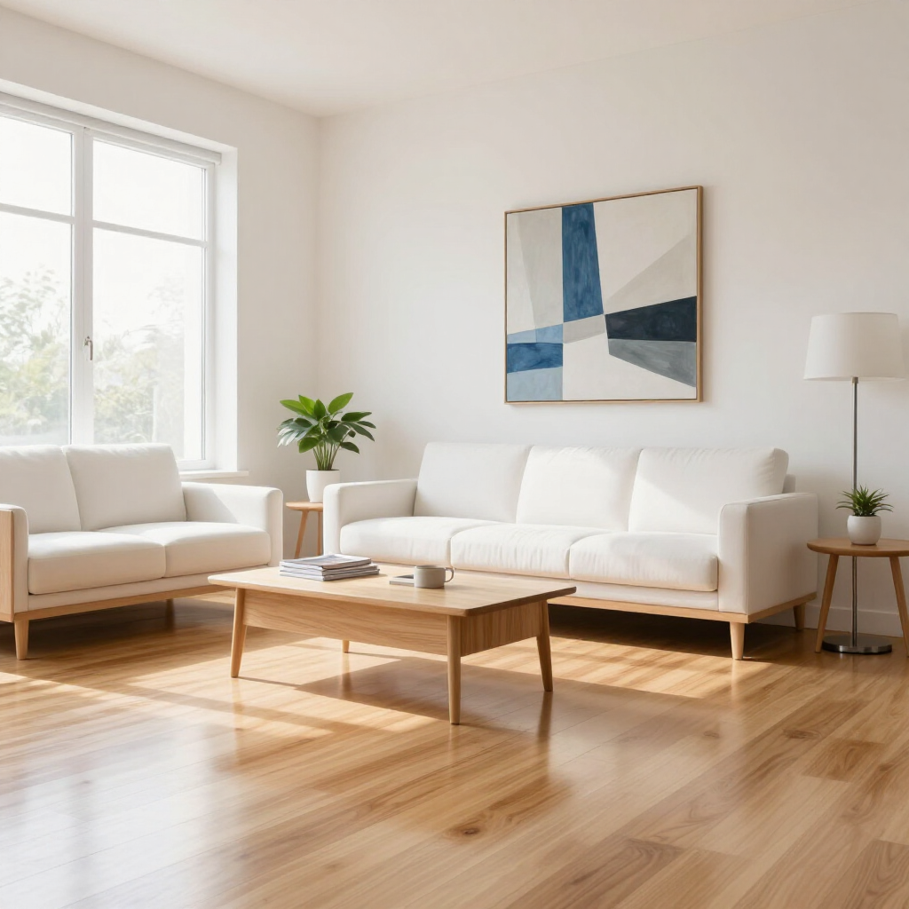 Bright, minimalist living room with white sofas, a wooden coffee table, abstract wall art, and sunlight on hardwood floors