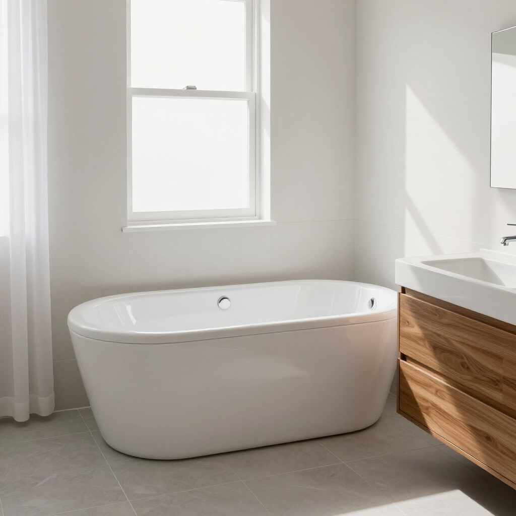 Modern bathroom with a white freestanding tub beside a window and wood vanity.