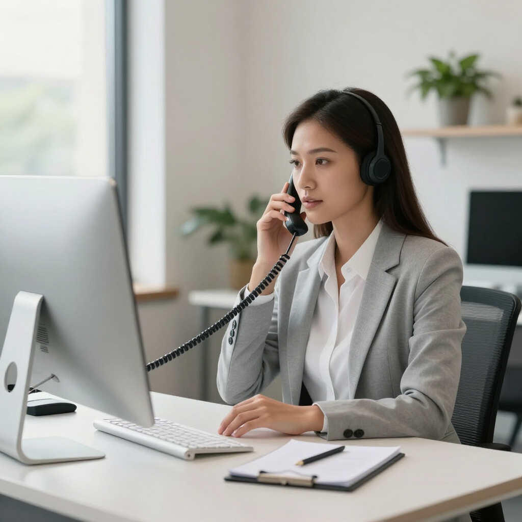 Woman in a gray blazer speaking into a headset at a desk with a computer in a bright office