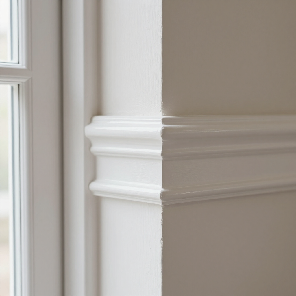White decorative wall molding beside a window on a beige interior wall