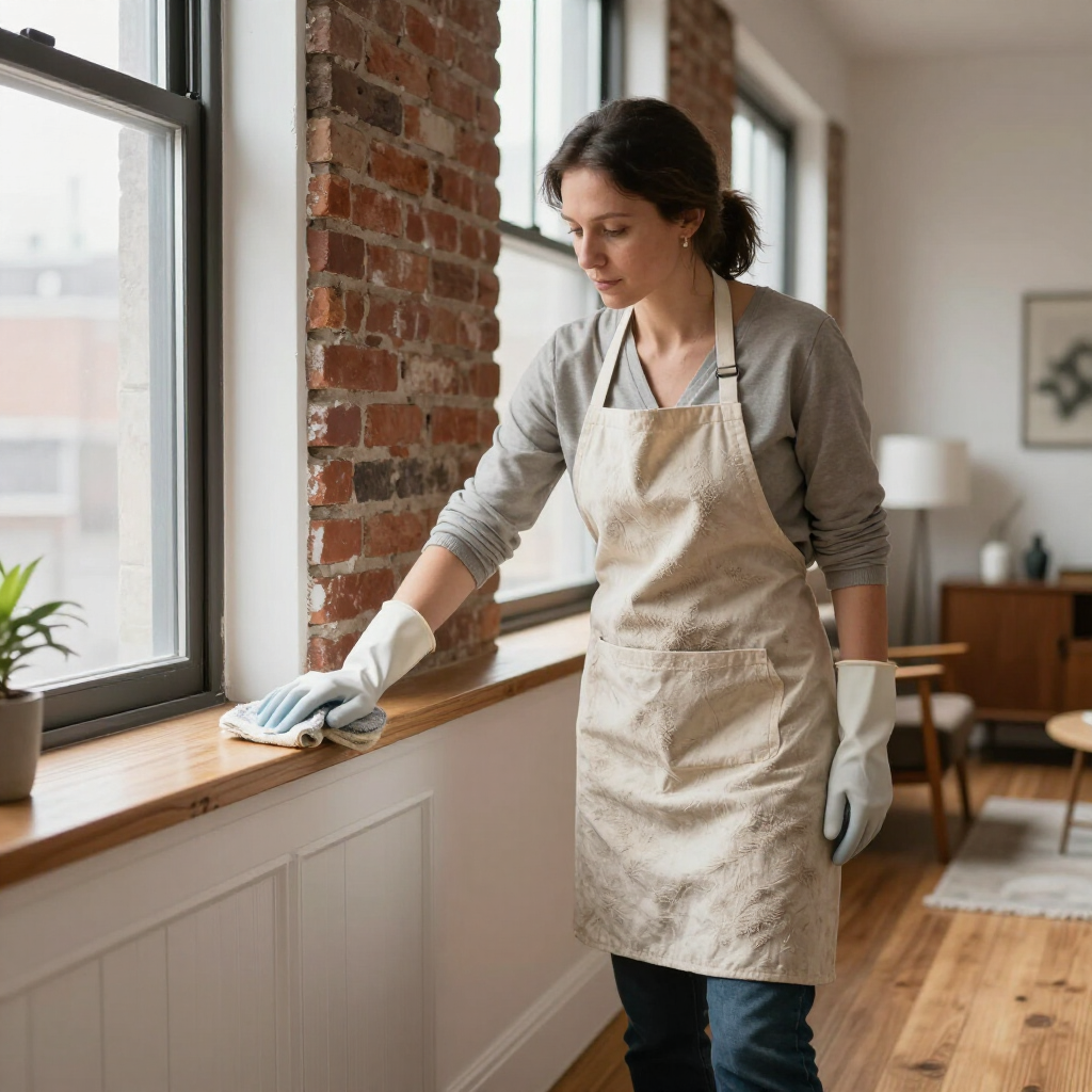 Person in an apron and gloves wiping a windowsill in a bright room with exposed brick walls
