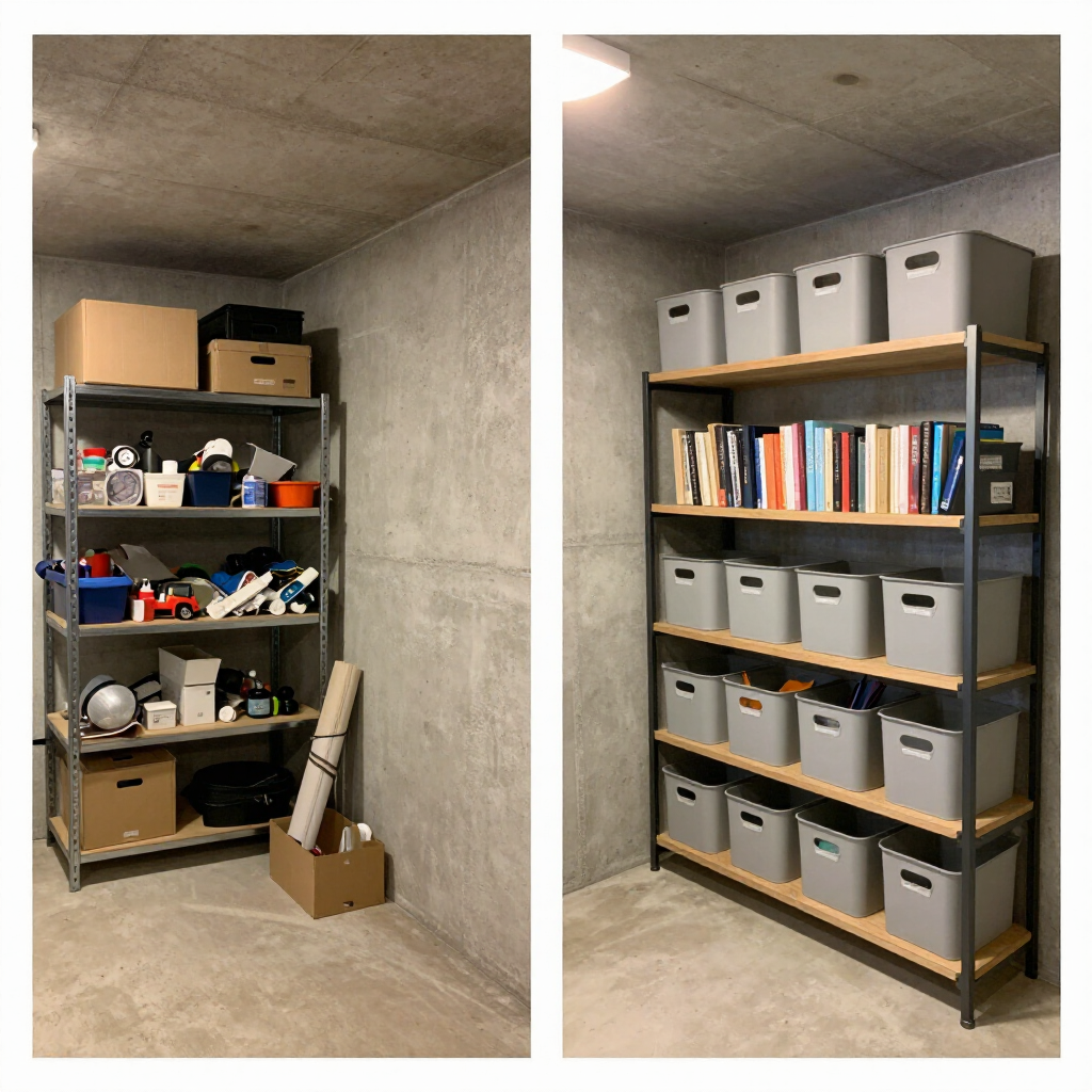 Concrete storage room with two shelving units; one cluttered, one neatly organized with gray bins and books.