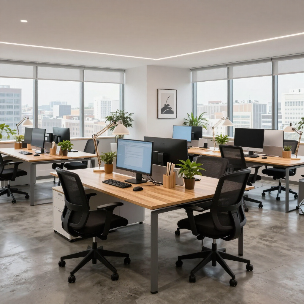 Modern open office with desks, computer monitors, and black chairs by large windows.