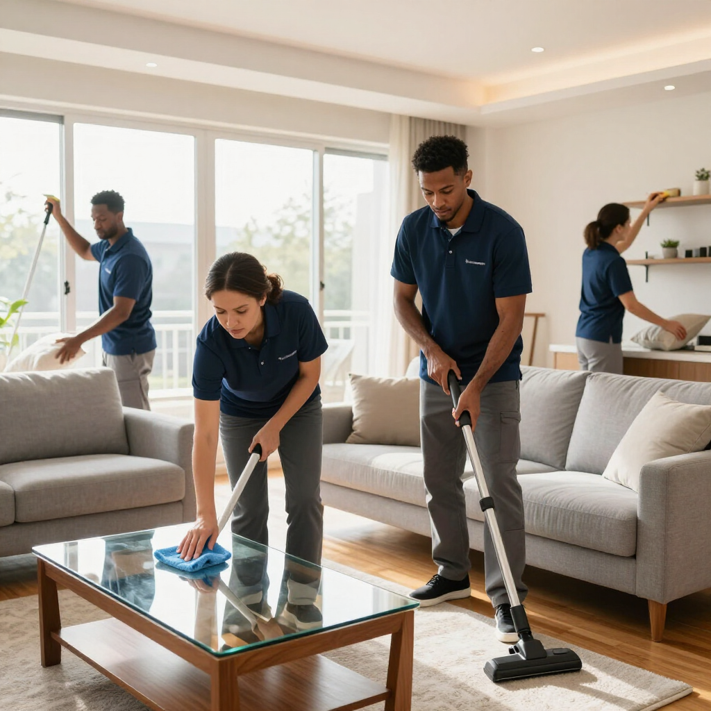 Cleaning crew dusts and vacuums a bright living room with beige sofas and a glass coffee table.