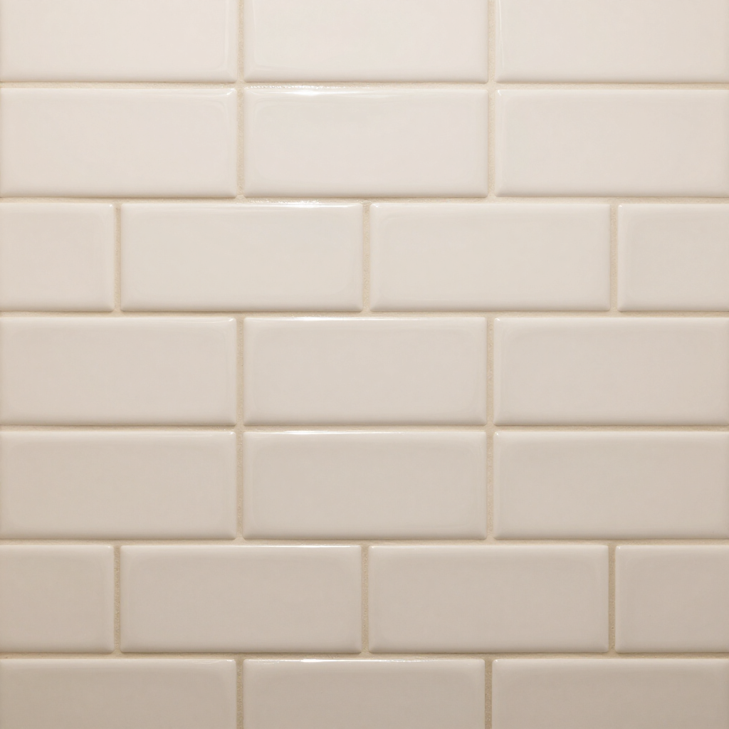 Close-up of off-white subway tile wall with light grout lines