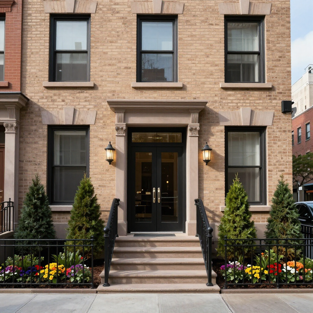 Brick apartment entrance with steps, black railings, lanterns, and colorful flowers in front.