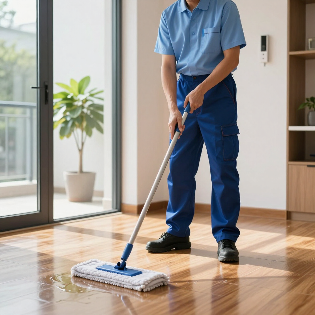 Person mopping a shiny wooden floor in a bright room with large windows
