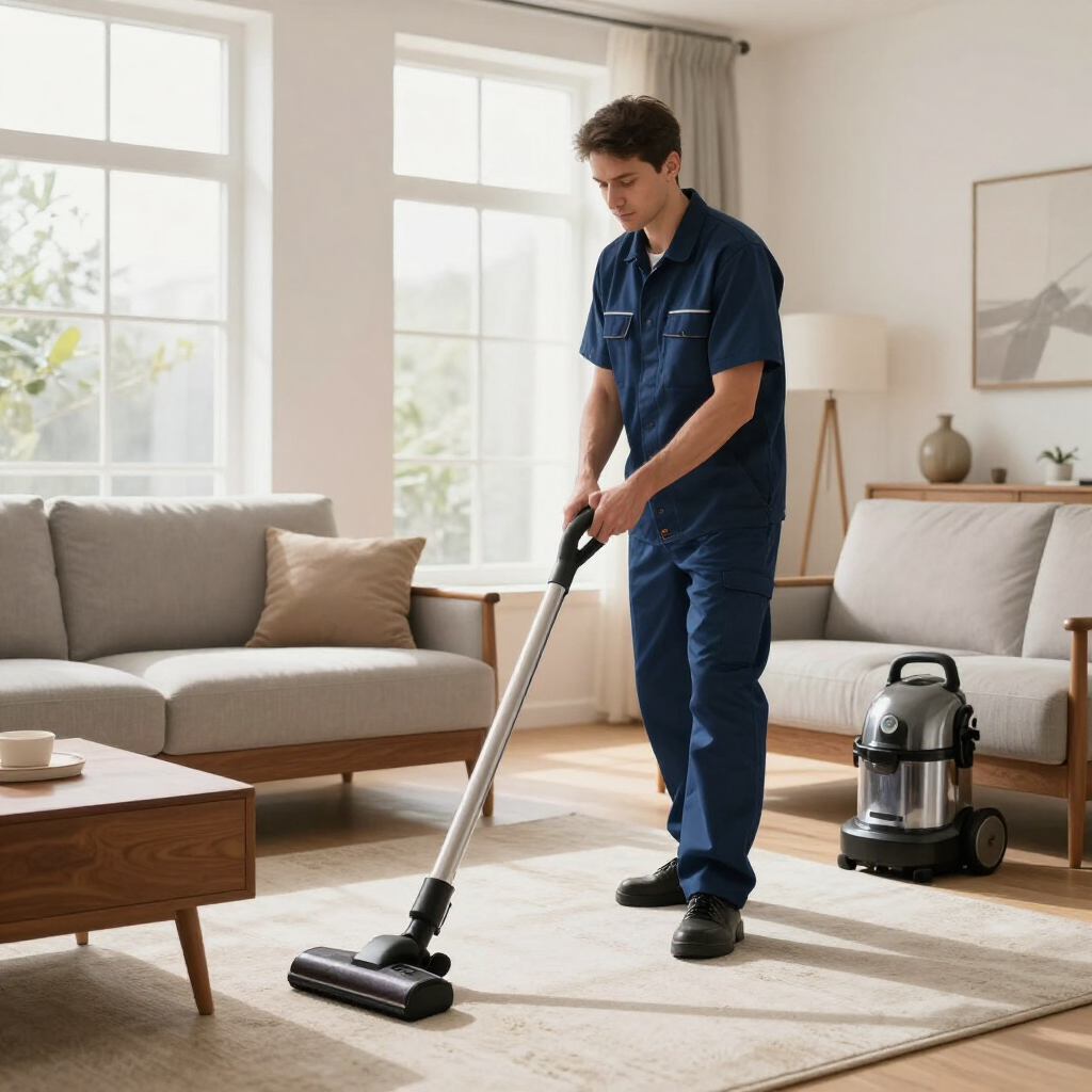 Person vacuuming a beige rug in a bright living room, with a canister vacuum nearby.