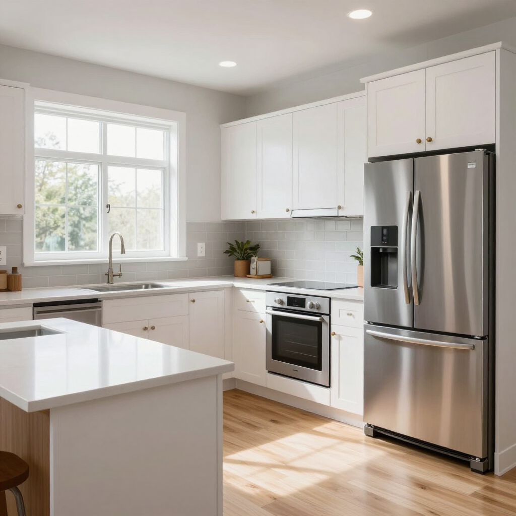 Bright modern white kitchen with stainless steel appliances, island, and sunlight from a large window