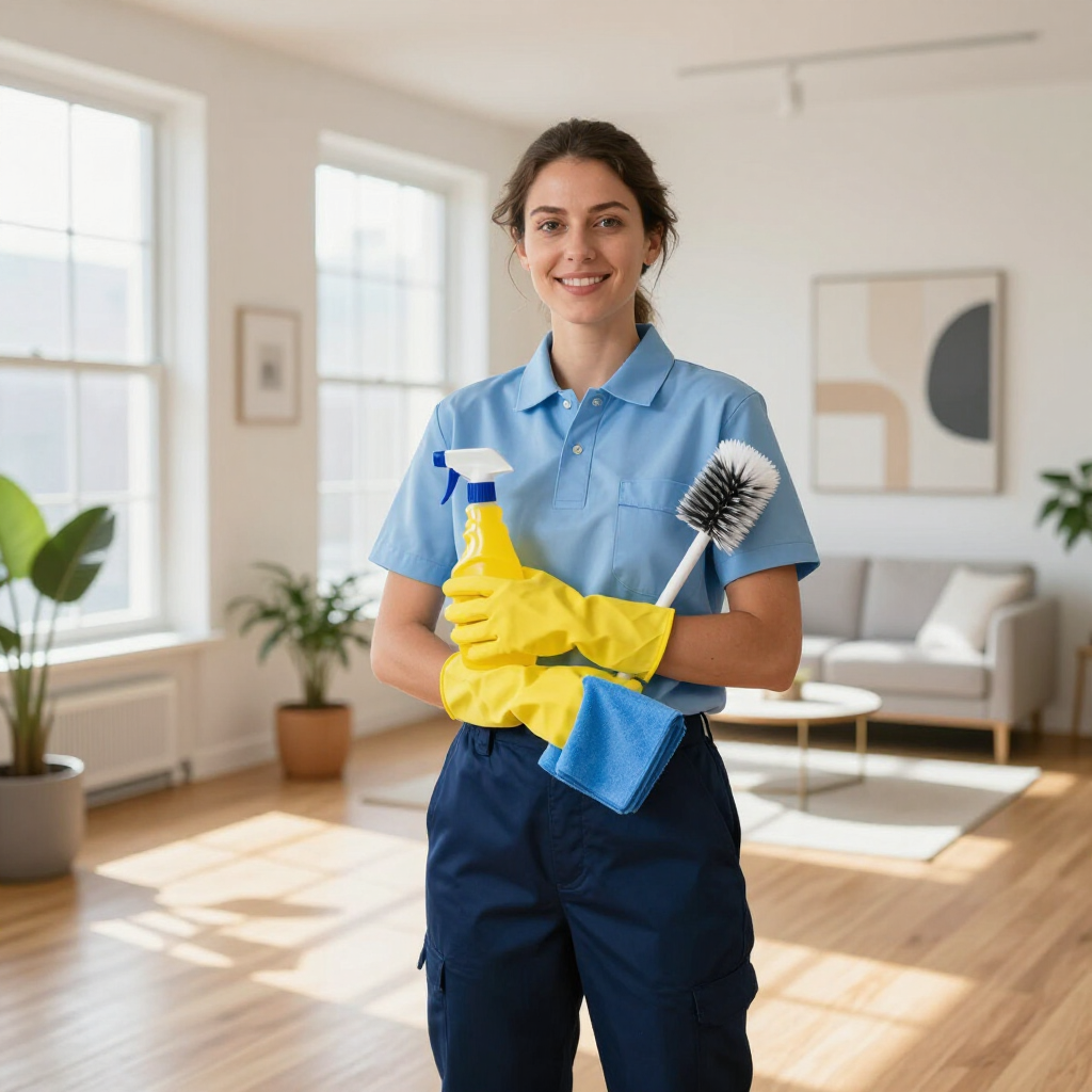Woman in blue shirt and yellow gloves holding cleaning spray and brush in a bright living room