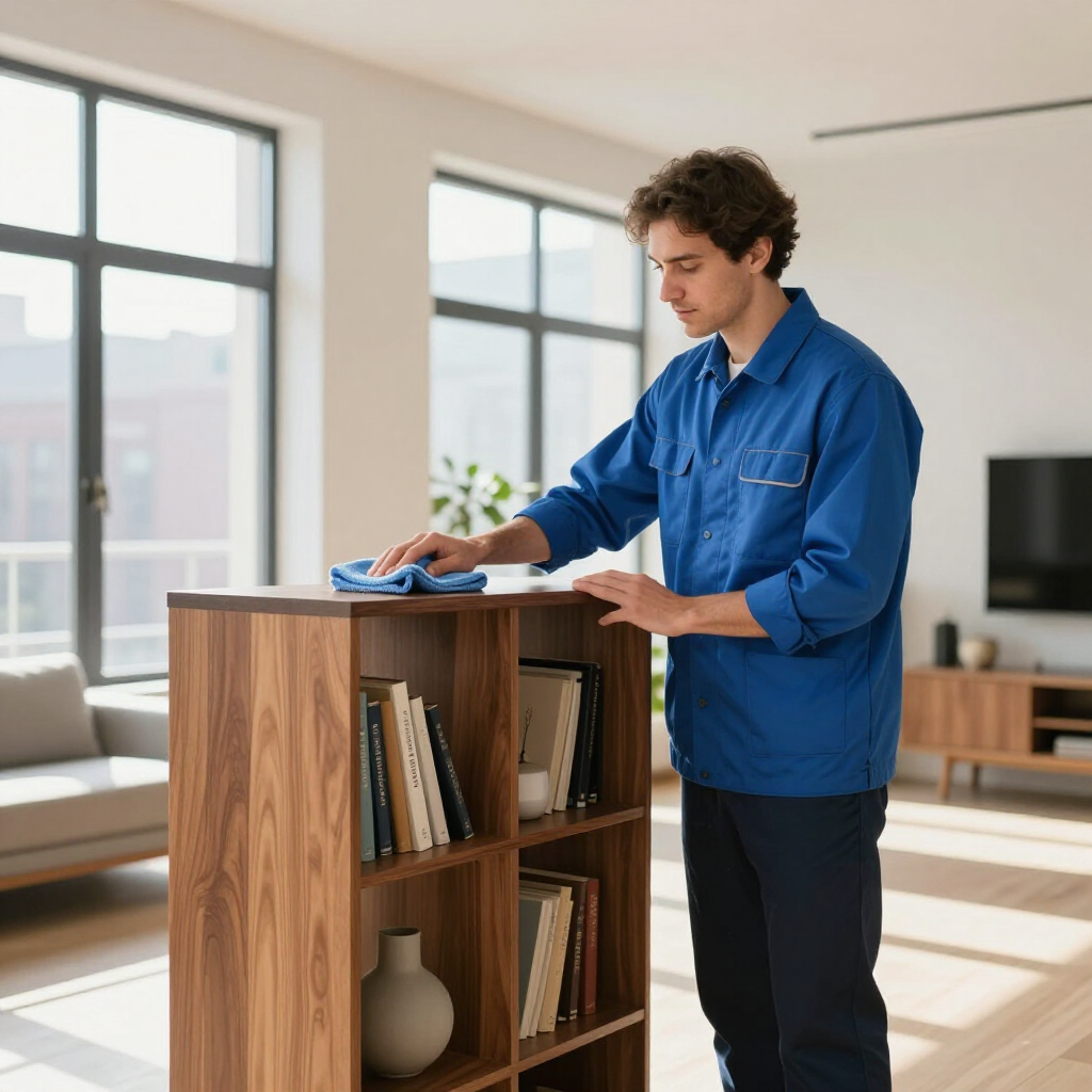 Person dusting a wooden bookshelf in a bright living room near large windows