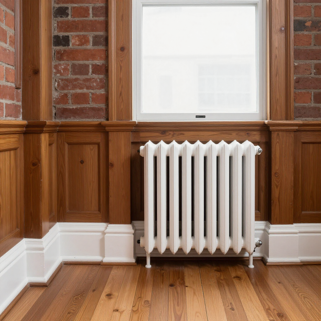 White radiator beneath a window in a wood-paneled room with brick walls and hardwood floor