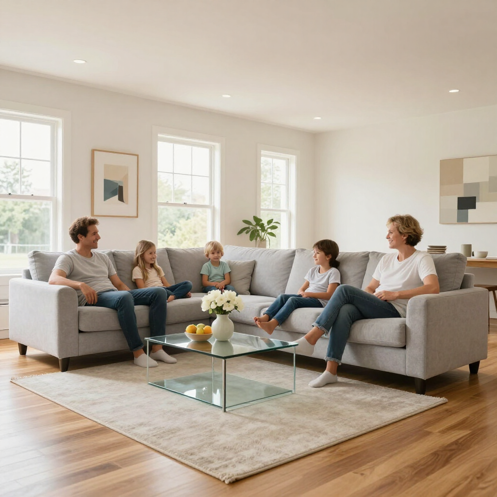 Family seated on a gray sofa in a bright living room, chatting around a glass coffee table.
