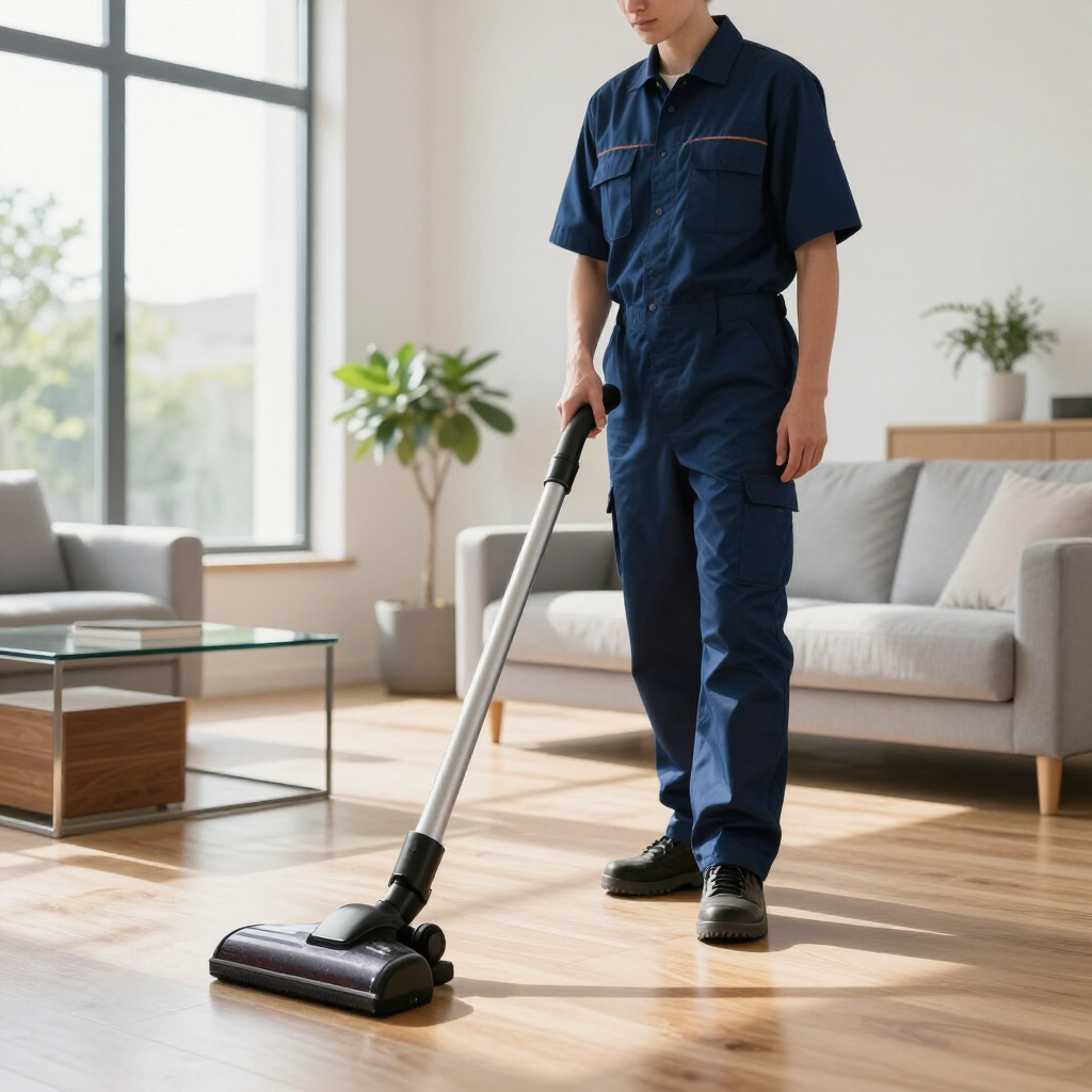 Person vacuuming a bright living room with a cordless stick vacuum