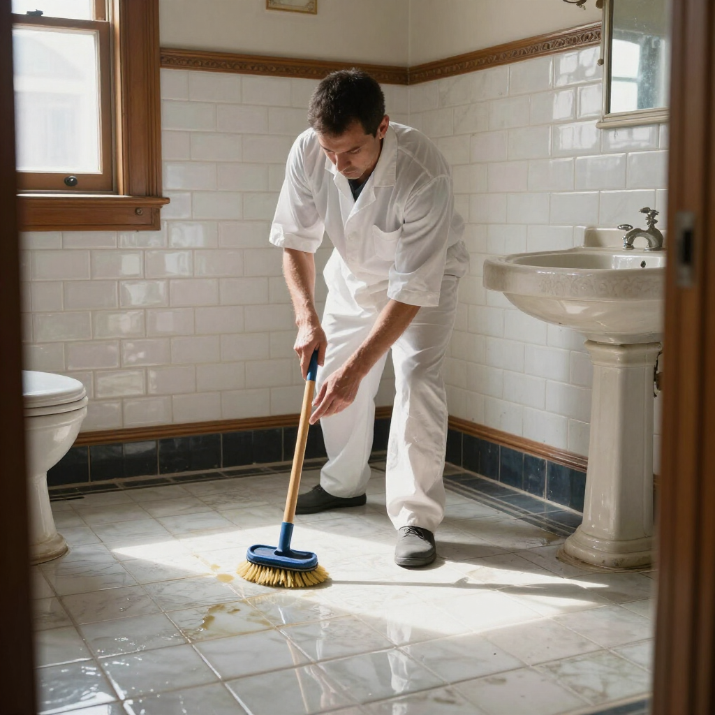 Person mopping a sunlit bathroom floor with white tiles and a pedestal sink