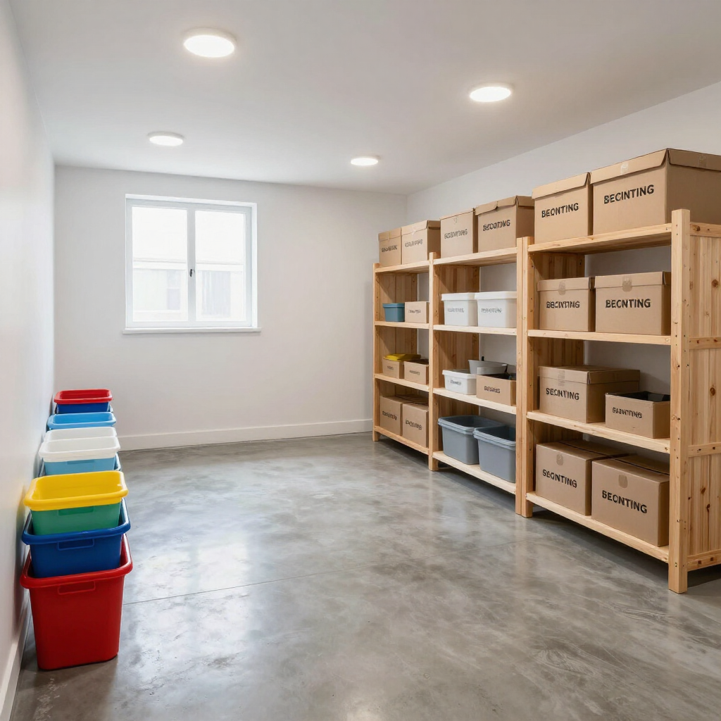 Empty storage room with concrete floor, shelves of labeled boxes, and stacked colorful bins by a window