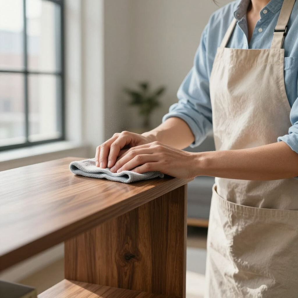 Person wiping a wooden table with a cloth in a bright room, wearing a beige apron