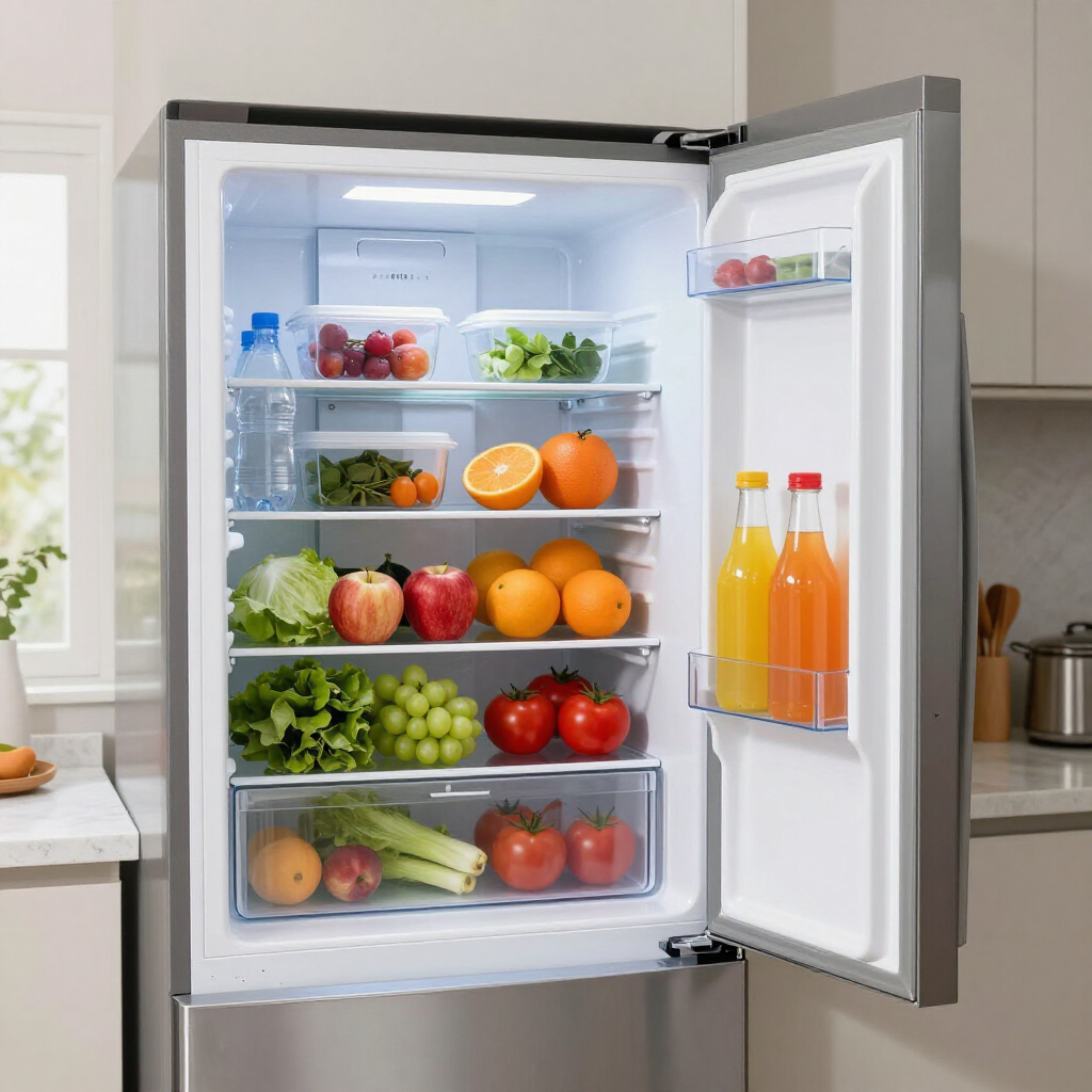 Open refrigerator stocked with fruits, vegetables, and orange juice bottles