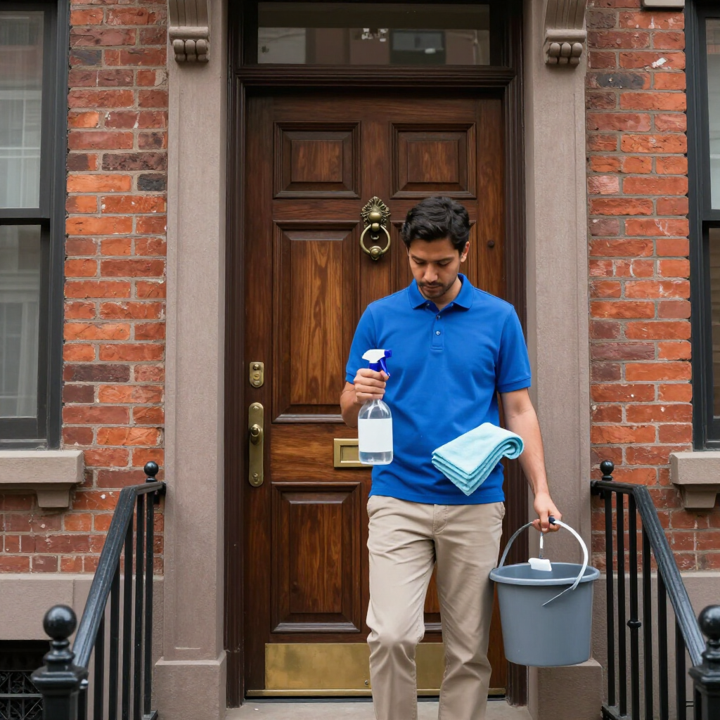 Person carrying cleaning supplies outside a brick townhouse door