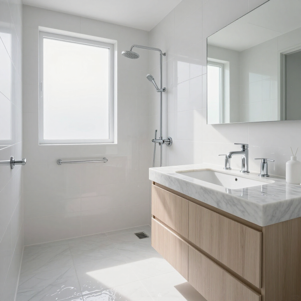 Bright modern bathroom with walk-in shower, large window, and light wood vanity with mirror