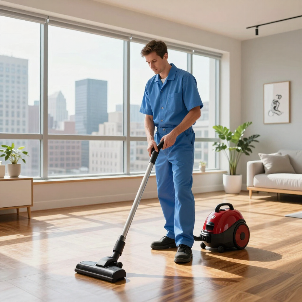 Person vacuuming a sunlit apartment with a red canister vacuum and city view