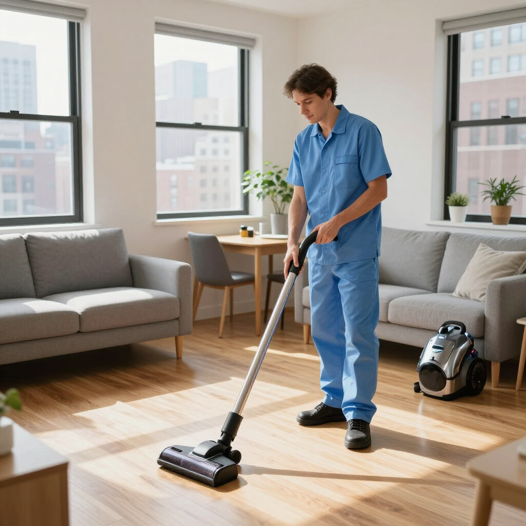 Man vacuuming a bright living room with a cordless vacuum, sofas and windows in the background