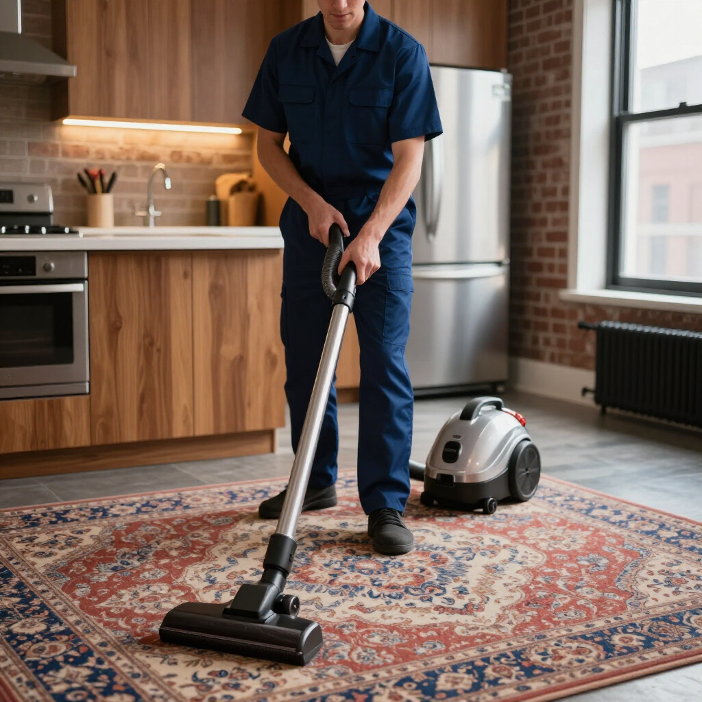 Person vacuuming a patterned rug in a kitchen beside a robotic vacuum cleaner.