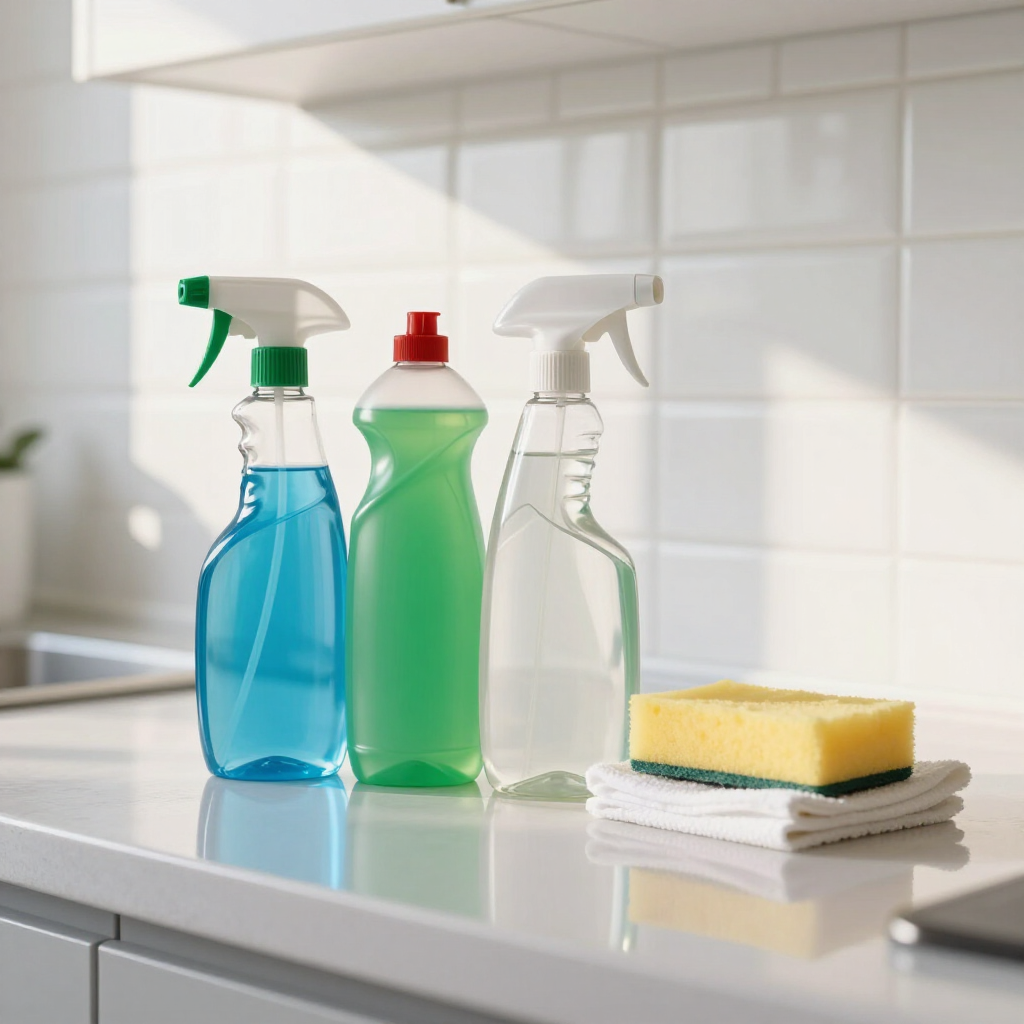 Cleaning supplies on a countertop: three spray bottles and stacked sponges by a sink.
