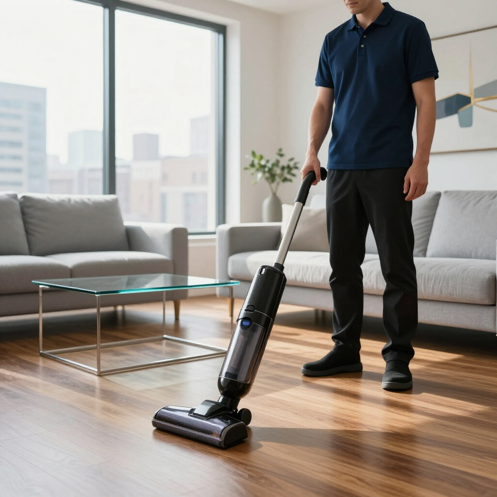 Person vacuuming a hardwood floor in a bright living room with a sofa and coffee table.