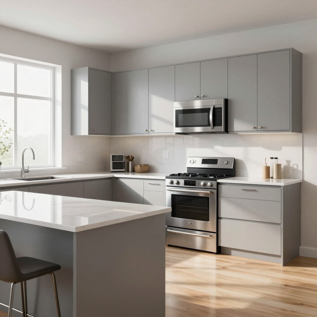 Modern kitchen with gray cabinets, stainless steel appliances, white countertops, and a window by the sink
