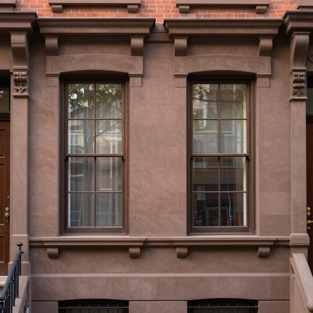 Brown townhouse facade with two tall windows and stone trim above a stairway