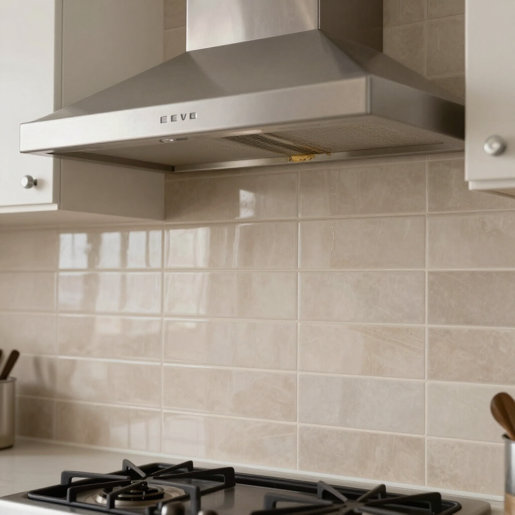 Modern kitchen with stainless steel range hood, beige tile backsplash, and gas stovetop